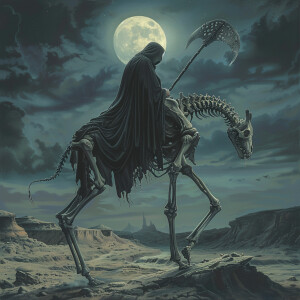 The grim reaper, cloaked in tattered black robes, rides atop a t...