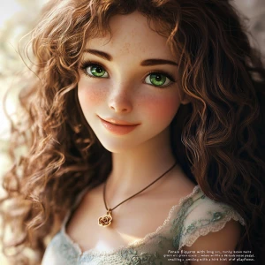 : "Female figure with long, curly brown hair and bright green ey...