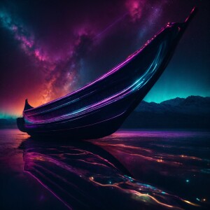 In the depths of a neon-noir galaxy, a mythological gondola glid...