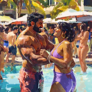 Create a digital art piece depicting a vibrant pool party at a N...