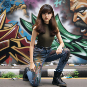 teenage girl, long brown hair and bangs, wearing tight skinny jeans and a halter top paint marks on her clothing, heroic pose Asian graffiti background, nearing on one knee