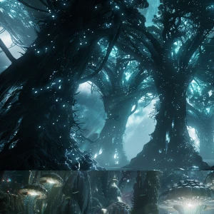 A cinematic, awe-inspiring alien forest cathedral, viewed from a...