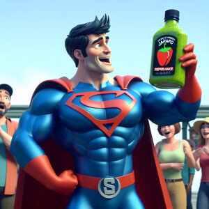 Superman promoting jalapeño pepper sauce