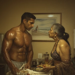Hyperrealism photo painting.a muscular sweaty indian man stand...