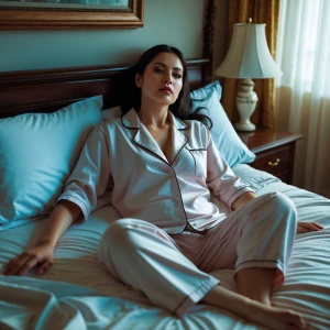 Una mujer sentada en su cama y de cuerpo completo en ropa interi...