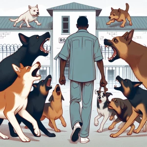 A group of dogs vocally responding to an African-American indivi...