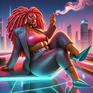 Design  a curvy African American exaggerated woman, long fire re...