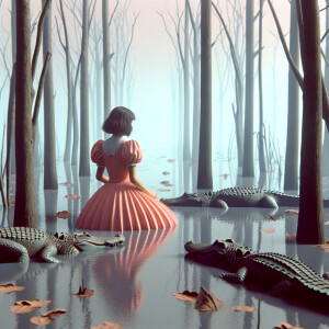 a young child in close proximity to three alligators in a swampy...