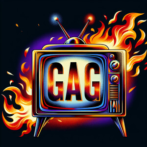 Tube TV with the word “GAG” on the screen on fire cartoon logo