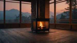 A minimalist Japanese irori hearth with glowing embers and gentl...