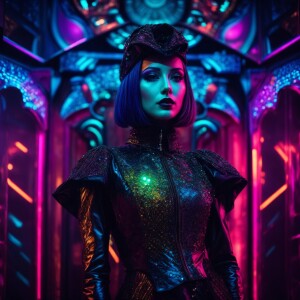 A glam-goth clad silicon sentinel against a neon-lit setting in...