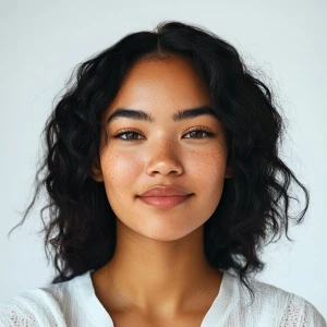 Generate a portrait of a joyful 22-year-old Blasian woman with a...