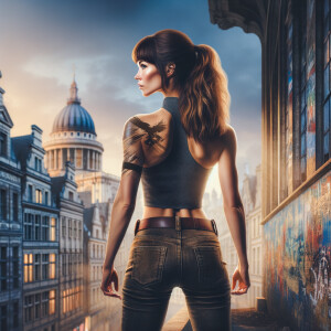 Athletic Thin skinny Attractive, Asian teenage girl, long brown hair and bangs, wearing tight skinny jeans and a halter top paint marks on her clothing, heroic pose Asian graffiti background, backside view