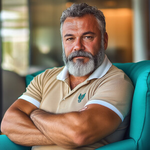 The image shows man white a bearded black, gray haired muscular...