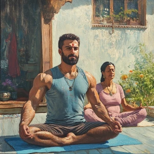 Realism art,A man(muscular beefy sweaty doinga yoga) sitting wit...
