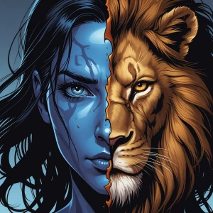 A symbiote woman's face transforming into a lion's snout.