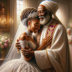 Imagine a hyper-realistic oil painting that captures a tender moment between theAfrican American bride and her God. The setting is intimate and filled with soft, warm lighting that enhances the emotional depth of the scene. The bride, in herexquisite wedding gown, shares a heartfelt embrace with her african-American Lord Jesus , who is dressedin an elegant outfit that complements the wedding's color scheme. Their expressions are full of love, pride, and joy, reflecting the special bond between them. Theattention to detail is paramount, from the intricate designs of their dresses to the subtle emotions conveyed in their facial expressions. The background is a blur ofgentle pastel hues, ensuring that the focus remains on this touching moment. Thispainting should convey the warmth, love, and depth of the relationship, with the rich textures and vibrant strokes characteristic of oil paintings, capturing the essence of this significant pre-wedding moment.