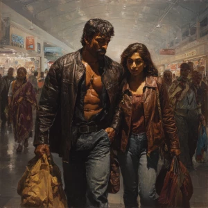 Realism painting.a indian criminal sweaty muscular beefy man ,w...