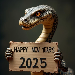 Anthro cobra holding a sign that says HAPPY NEW YEARS 2025. Back...