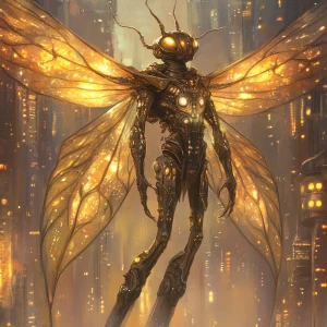 A majestic alien hybrid with a shimmering bronze-colored exoskel...