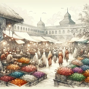 A lively market scene with hand-drawn characters bustling betwee...