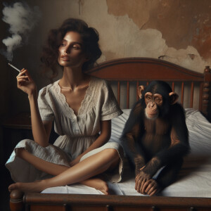 Woman in nightgown sitting on her bed smoking, with a chimp