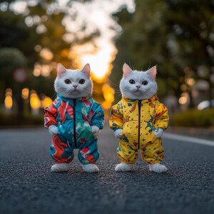two white cats with round black eyes wearing colorful jump suits...