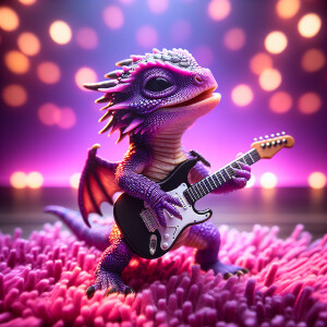A purple baby dragon playing the electric guitar on a pink shag...