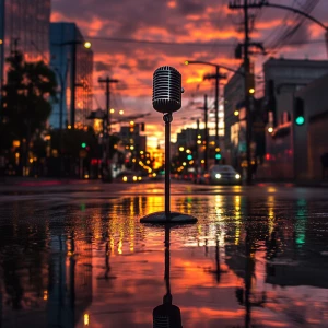 Create an image of a sunset in Los Angeles after a rain shower w...