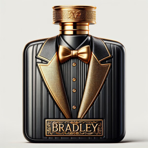 Create a realistic, 3-D cologne bottle That looks like a black Gucci tuxedo with a gold top and the name Bradley written in gold letters