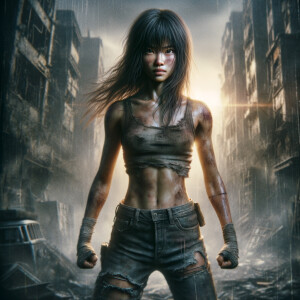 Skinny and thin Asian teen girl wearing skin tight jeans that are worn and frayed, long hair and bangs heroic ready to fight stance