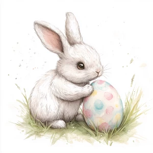 A cute bunny sitting in a bit of grass, painting an Easter egg,...
