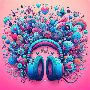 Create an image of a whimsical pair of 
headphones in the style...