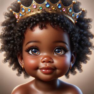 "Create a digital portrait of an adorable african-American baby girl with a joyful expression. She is wearing a gold crown with colorful jewels. Her big, bright blue eyes are wide with wonder, and her tiny mouth is shaped in a happy grin. Her skin has a warm, honey-brown tone, and she has an abundance of thick curly black hair, The background is soft and neutral to keep the focus on her delightful features. The portrait should be vibrant and heartwarming, celebrating the innocence and charm of childhood."