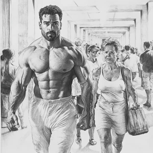Sharp pencil art,A man  muscular beefy sweat walking with his  5...