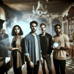 2 guys and 2 girls are standing in an abandoned mansion. They se...