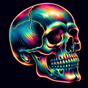 Realistic skull in glow in the dark colors in an old school tatt...