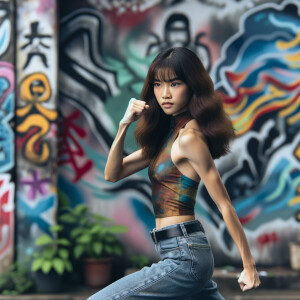 Very thin Athletic Thin skinny Attractive, Asian teenage girl, long brown hair and bangs, wearing tight skinny jeans and a halter top paint marks on her clothing, heroic sideways pose Asian graffiti background