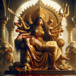 portrait of angry looking goddess durga sitting on a gold crown and carrying a weak mahishasur on her lap and stabbing him with her amazingly designed trident. She is wearing gold armor, a huge gold crown, gold saree, abundant  gold jewelry, covered in blood. The scene is set in ancient India. The image is 8K resolution, cinematic, ultra detailed face and epic.