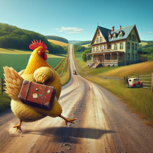 A whimsical scene of a chicken carrying a suitcase, crossing the...