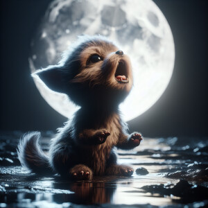 A cute baby werewolf howling at a full-moon for the first time....