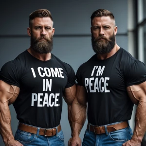 two men, Bearded, muscles,
bodybuilders ,black tee shirt ,blue j...