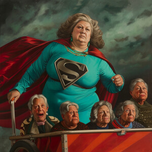 A woman with shoulder length brown with grey streaks that is sli...