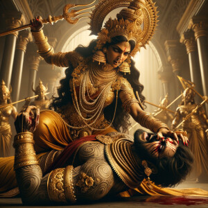 portrait of angry looking, indian goddess straddling a defeated mahishasur, while he is lying on the ground and she stabs him with her trident. She is wearing gold armor, a huge gold crown, gold saree, abundant  gold jewelry, covered in blood. The scene is set in ancient India. The image is 8K resolution, cinematic, photography, ultra detailed face and epic.