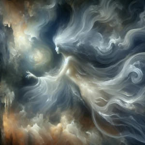 An otherworldly, ethereal spirit floats in an oil painting, its...