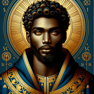 Create a beautiful African-American Jesus Christ with Hazel, brown eyes and blue and gold robe