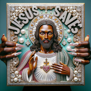 A 3D realistic artwork featuring the phrase 'Jesus Saves' adorne...