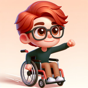 Boy in wheelchair with red hair and glasses and brown eyes