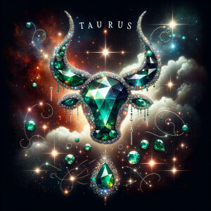 A beautiful space graphic with emeralds as stars and the word “T...
