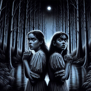 Two frightened girls stand with their backs to the lake at night